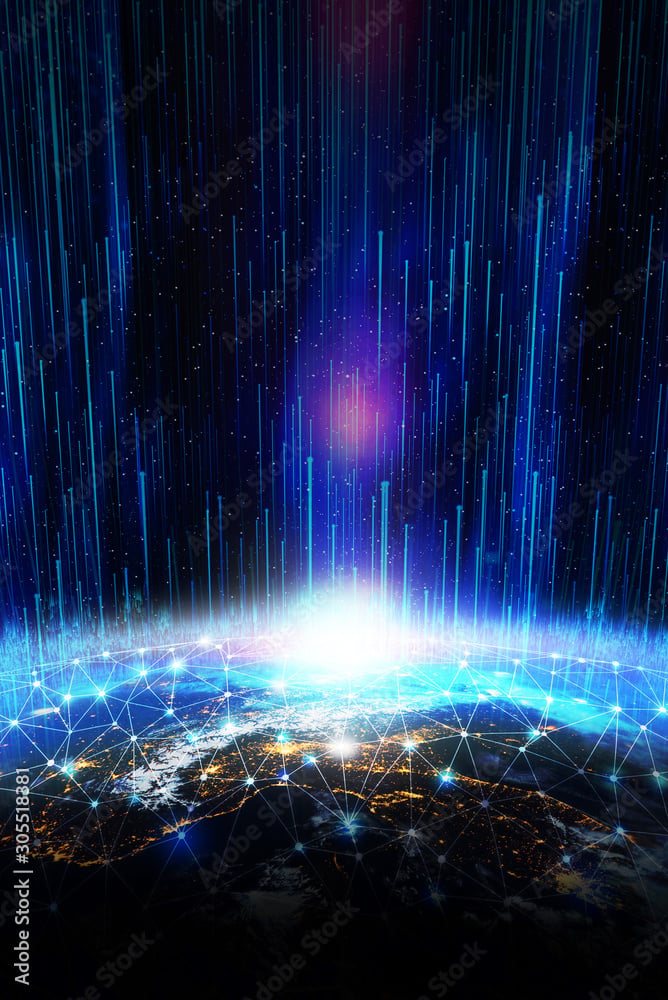 An image of the earth in space with a network of lines.